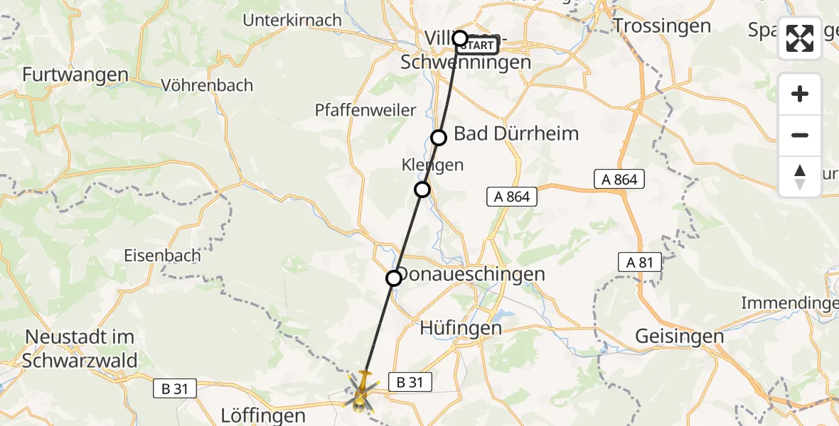 Flugroute Ambulanzhubschrauber DRF Air Rescue Station Villingen-Schwenningen Hubschrauberlandeplatz (Christoph 11) - Bräunlingen, 24 Juni 2026, 15:11
