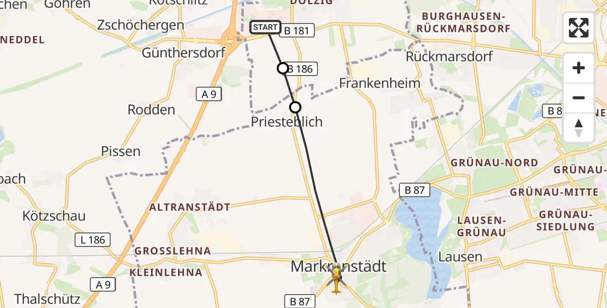 Flugroute Rettungshubschrauber ADAC Air Rescue Station Leipzig/Schkeuditz-Dölzig Hubschrauberlandeplatz (Christoph 61) - Markranstädt, 24 Juni 2026, 15:14