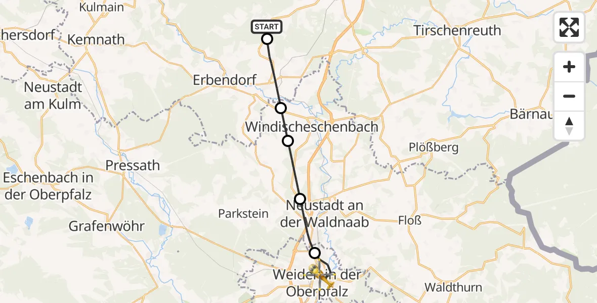 Flugroute Rettungshubschrauber Friedenfels - Weiden Hospital Hubschrauberlandeplatz, 24 Juni 2026, 15:24