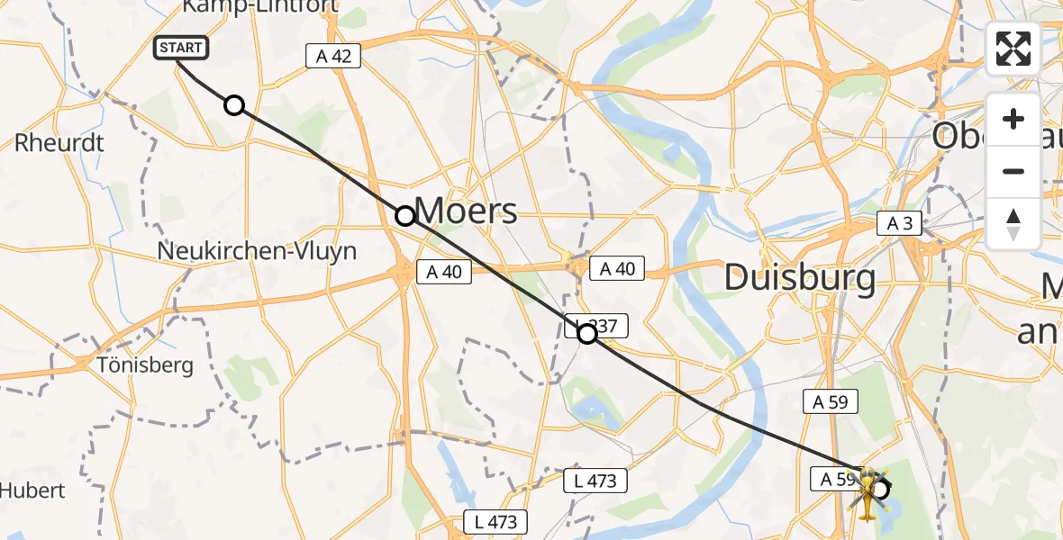 Flugroute Rettungshubschrauber Kamp-Lintfort - Duisburg Air Rescue Hubschrauberlandeplatz (Christoph 9), 24 Juni 2026, 15:24