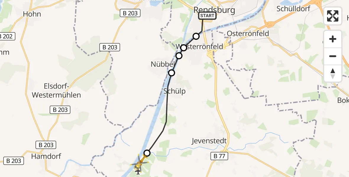 Flugroute Ambulanzhubschrauber Rendsburg - Rendsburg-Schachtholm Flugplatz, 24 Juni 2026, 15:25
