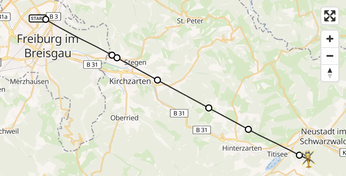 Flugroute Ambulanzhubschrauber Freiburg im Breisgau Flugplatz - Lenzkirch, 24 Juni 2026, 15:27