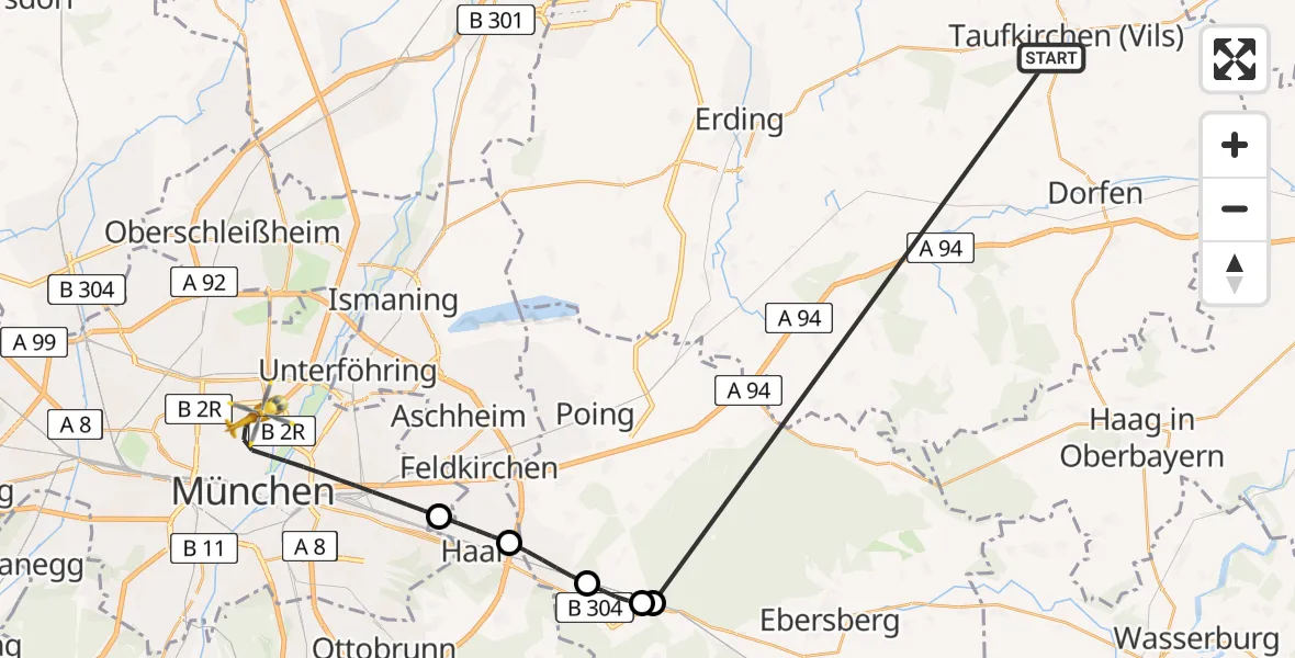 Flugroute Rettungshubschrauber Taufkirchen (Vils) - München, 24 Juni 2026, 15:40