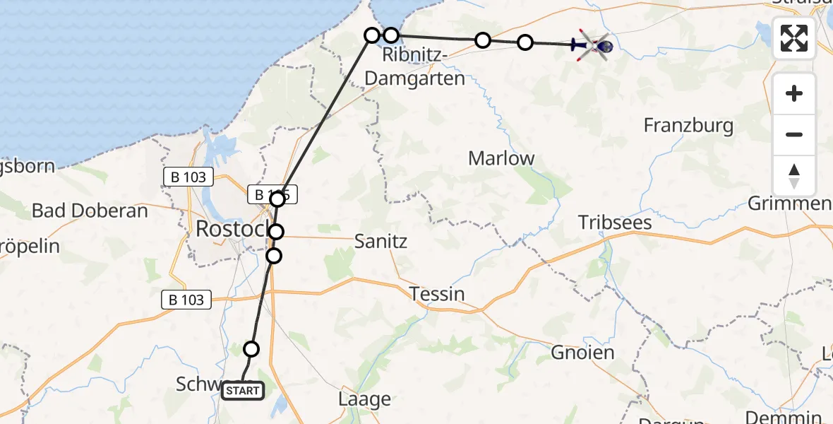 Flugroute Polizeihubschrauber Wiendorf - Trinwillershagen, 24 Juni 2026, 15:45