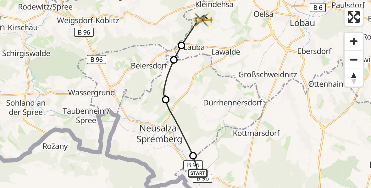 Flugroute Rettungshubschrauber Ebersbach-Neugersdorf - Lawalde, 24 Juni 2026, 15:46