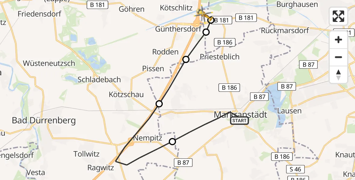 Flugroute Rettungshubschrauber Markranstädt - ADAC Air Rescue Station Leipzig/Schkeuditz-Dölzig Hubschrauberlandeplatz (Christoph 61), 24 Juni 2026, 15:46