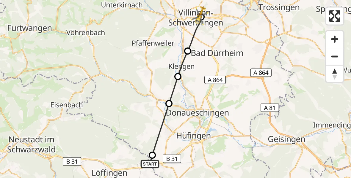 Flugroute Ambulanzhubschrauber Löffingen - DRF Air Rescue Station Villingen-Schwenningen Hubschrauberlandeplatz (Christoph 11), 24 Juni 2026, 15:47