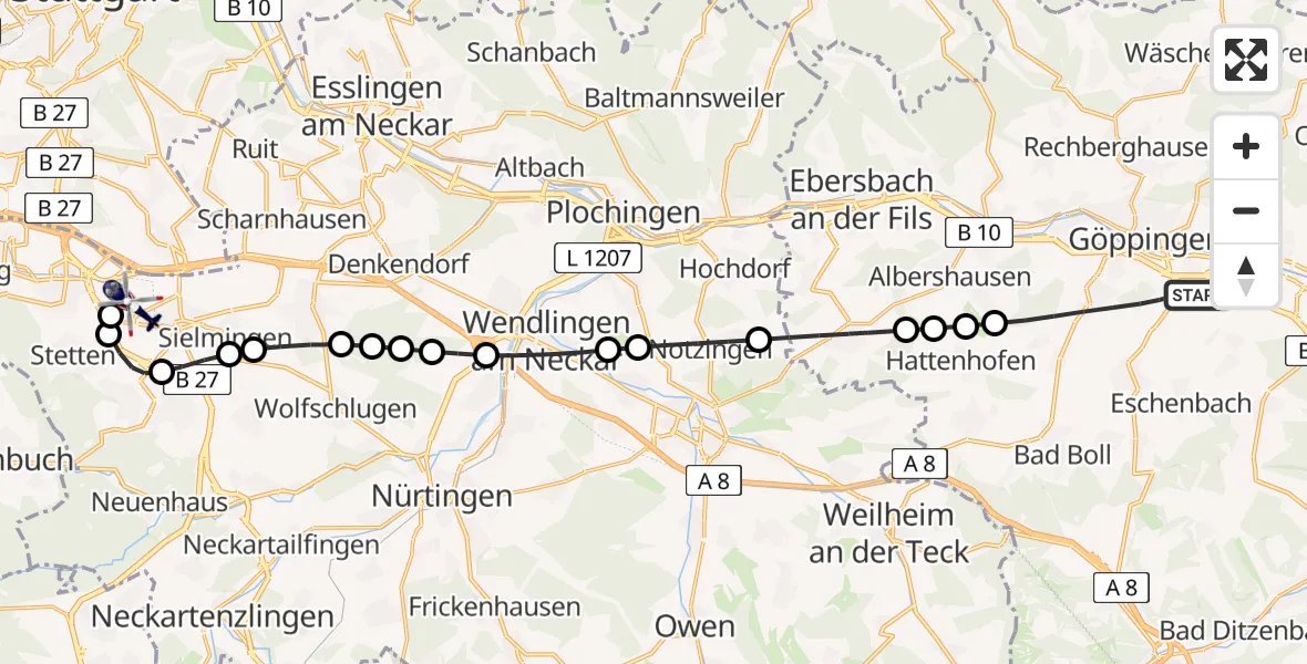 Flugroute Polizeihubschrauber Göppingen - Flughafen Stuttgart, 24 Juni 2026, 16:05