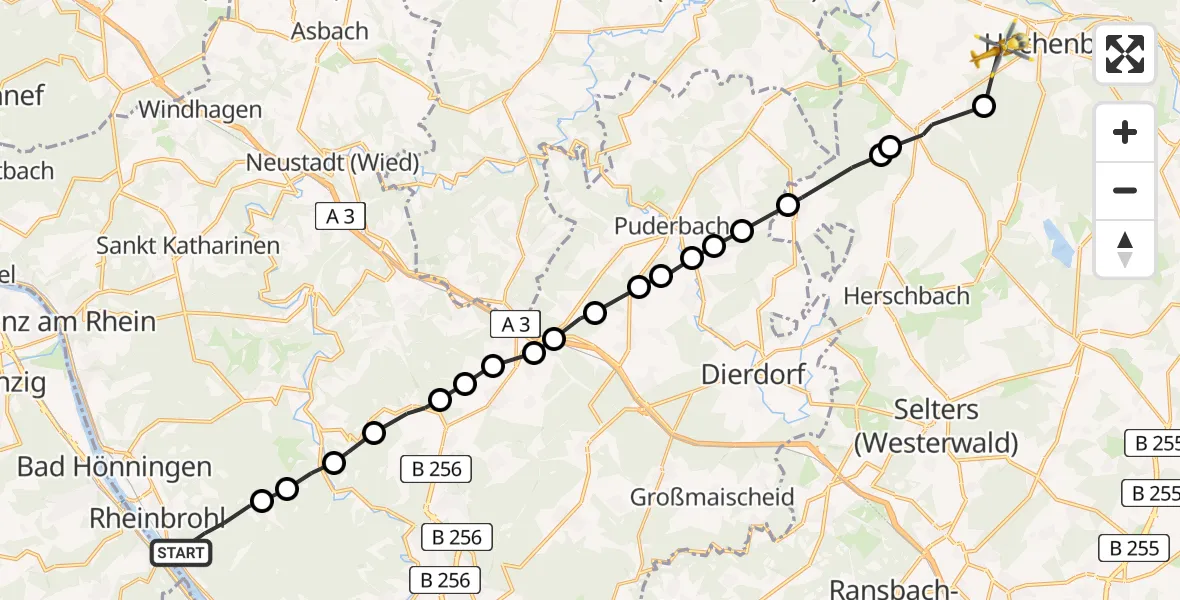 Flugroute Ambulanzhubschrauber Rheinbrohl - Hachenburg, 24 Juni 2026, 16:13