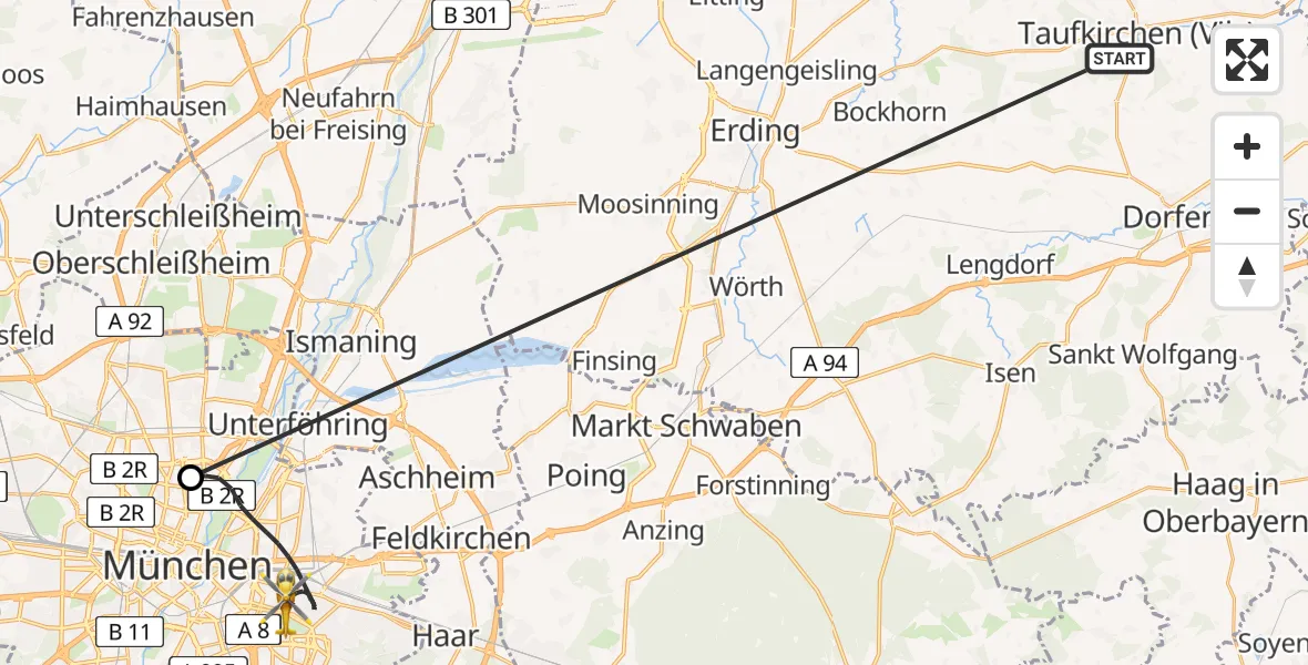 Flugroute Rettungshubschrauber Taufkirchen (Vils) - München, 24 Juni 2026, 16:14