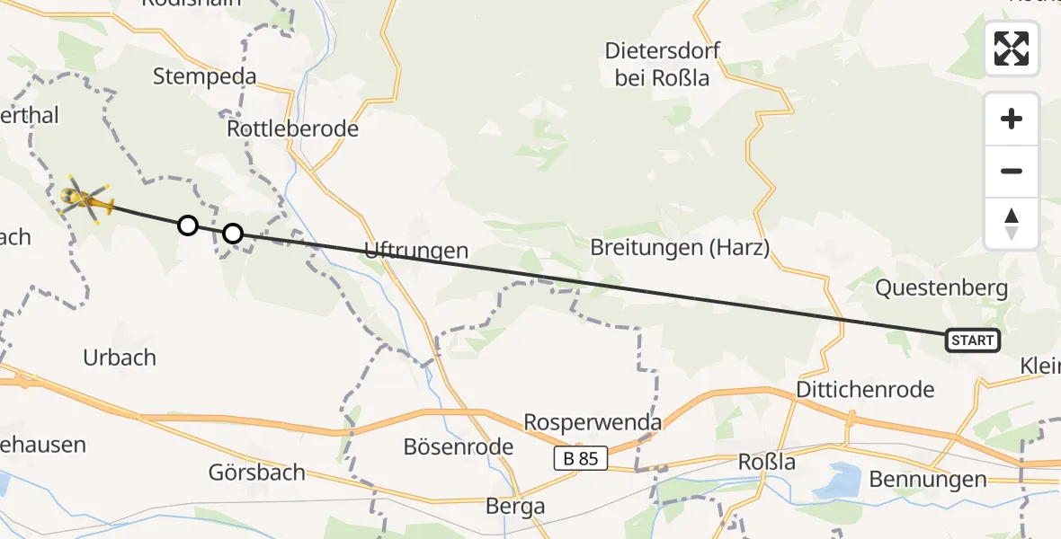 Flugroute Rettungshubschrauber Südharz - Urbach, 24 Juni 2026, 16:21