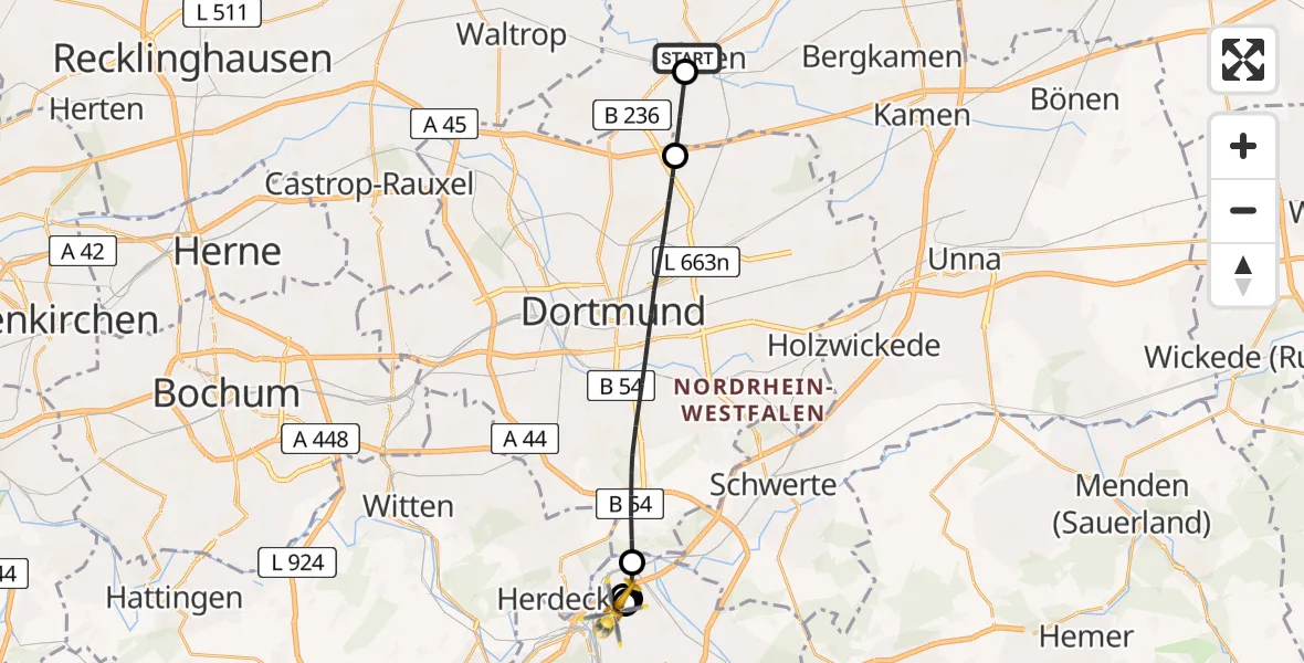 Flugroute Rettungshubschrauber Sankt Marien Hospital - Sankt-Johannes Catholic Hospital Hagen Hubschrauberlandeplatz, 24 Juni 2026, 16:21