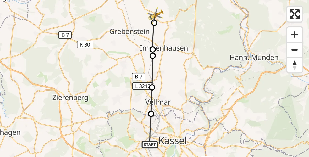 Flugroute Rettungshubschrauber Kassel - Grebenstein, 24 Juni 2026, 16:21