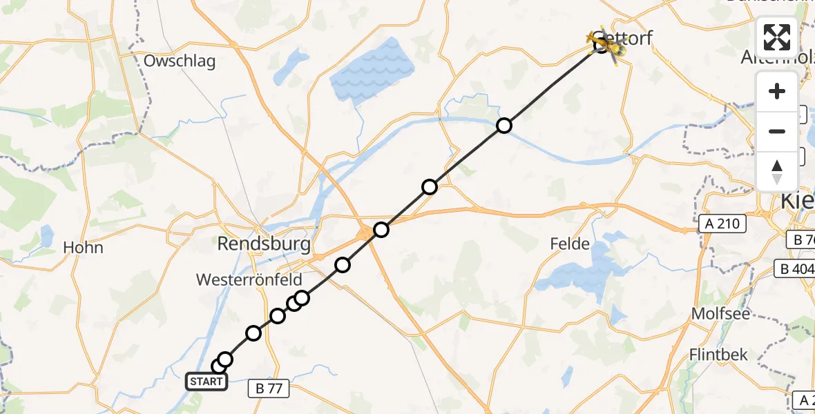 Flugroute Ambulanzhubschrauber Schülp b.Rendsburg - Gettorf, 24 Juni 2026, 16:24