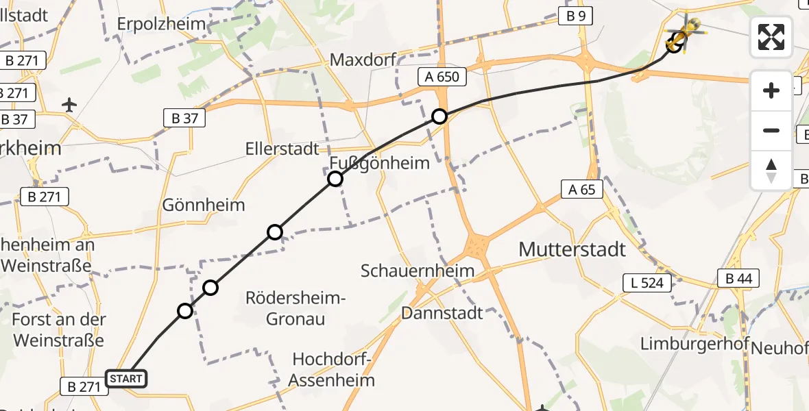 Flugroute Rettungshubschrauber Niederkirchen bei Deidesheim - Ludwigshafen Accident Hospital, 24 Juni 2026, 16:24