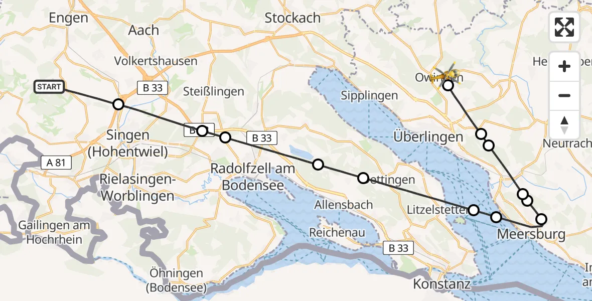 Flugroute Rettungshubschrauber Hilzingen - Owingen, 24 Juni 2026, 16:27