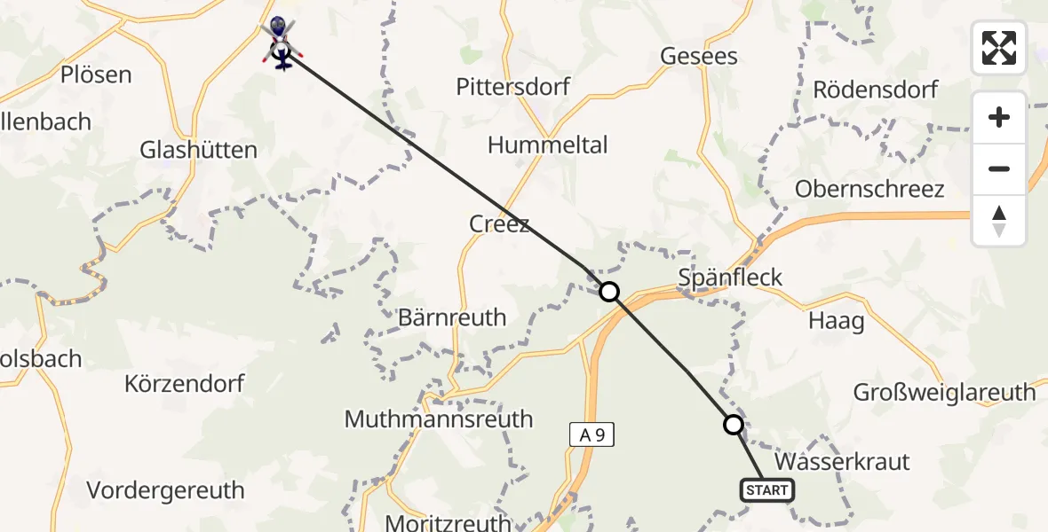 Flugroute Polizeihubschrauber Creußen - Mistelgau, 24 Juni 2026, 16:27