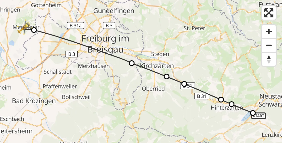 Flugroute Ambulanzhubschrauber Lenzkirch - Merdingen, 24 Juni 2026, 16:29