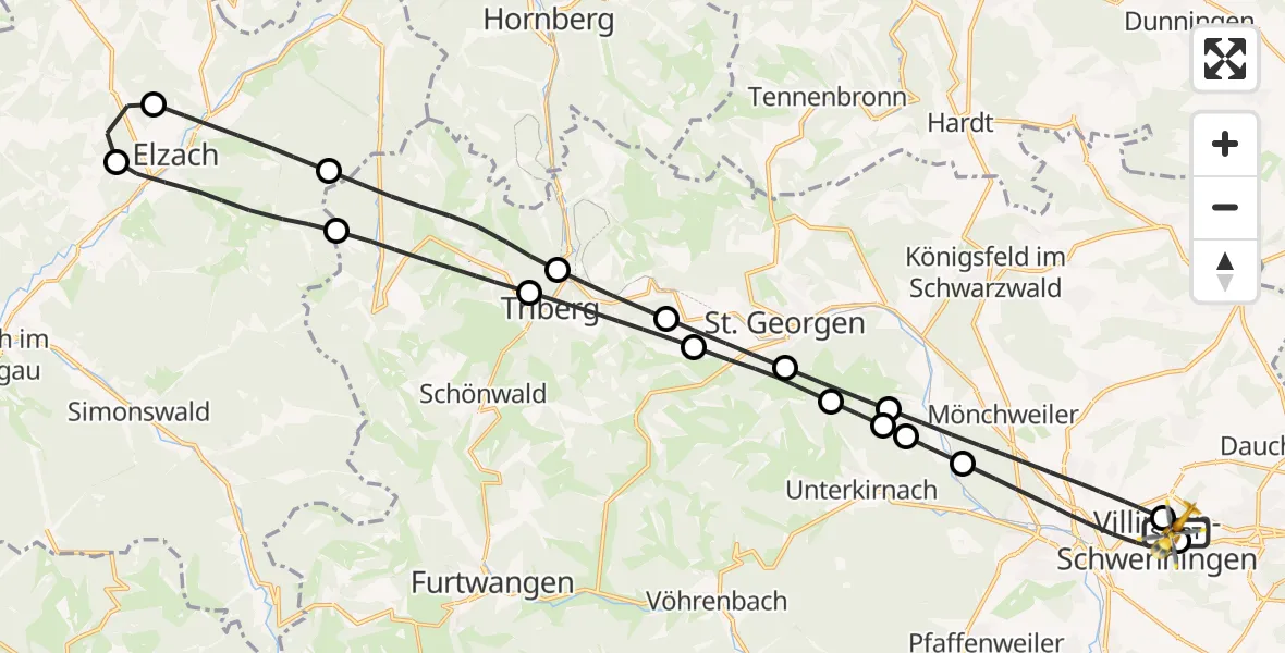 Flugroute Ambulanzhubschrauber DRF Air Rescue Station Villingen-Schwenningen Hubschrauberlandeplatz (Christoph 11) - DRF Air Rescue Station Villingen-Schwenningen Hubschrauberlandeplatz (Christoph 11), 24 Juni 2026, 16:40