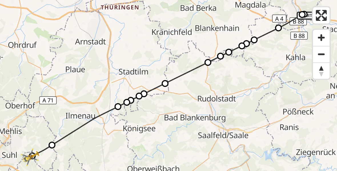 Flugroute Rettungshubschrauber Jena University Hospital - Schleusingen, 24 Juni 2026, 16:41