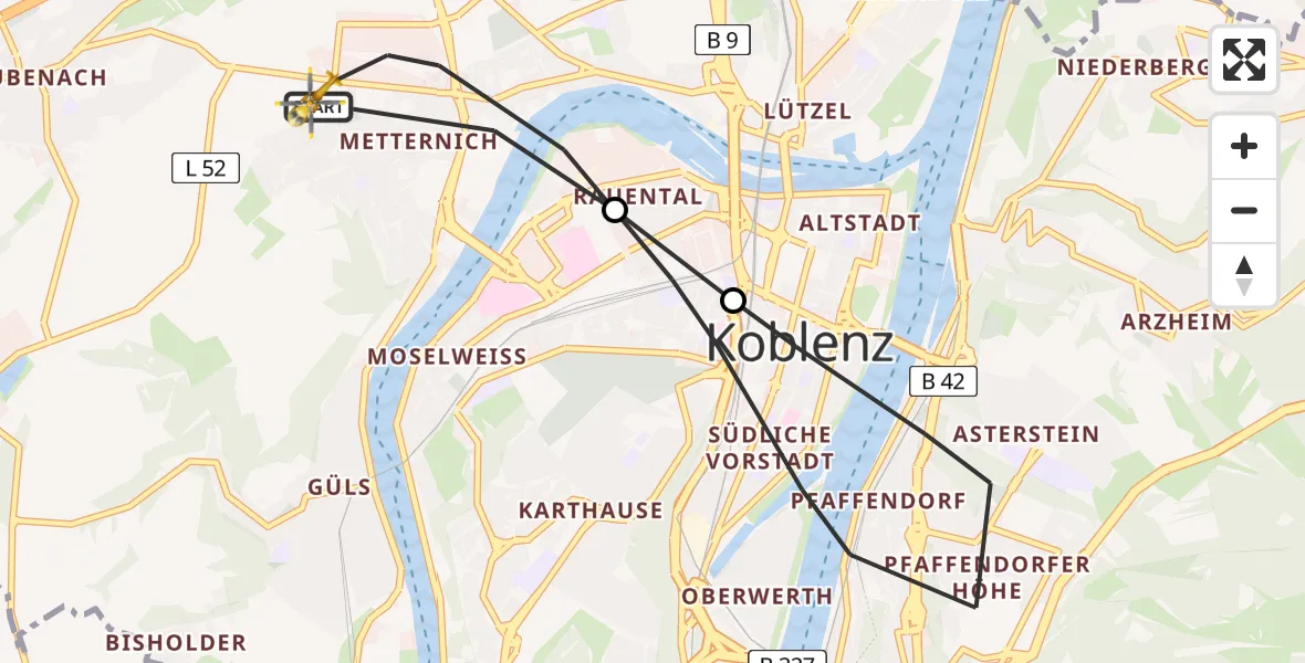 Flugroute Rettungshubschrauber Koblenz - Koblenz, 24 Juni 2026, 16:41