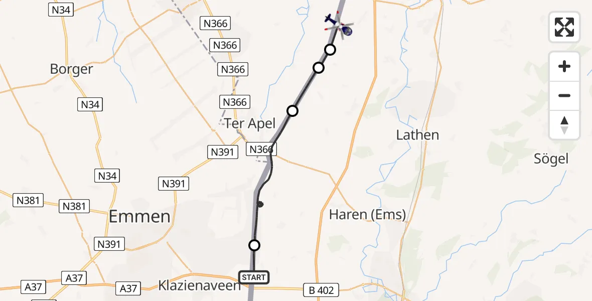 Flugroute Polizeihubschrauber Twist - Dersum, 24 Juni 2026, 16:41