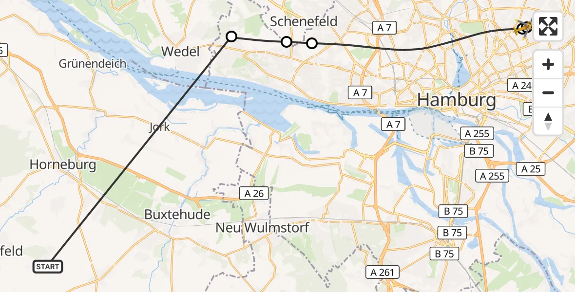 Flugroute Rettungshubschrauber Harsefeld - Hamburg Military Hospital, 24 Juni 2026, 16:45