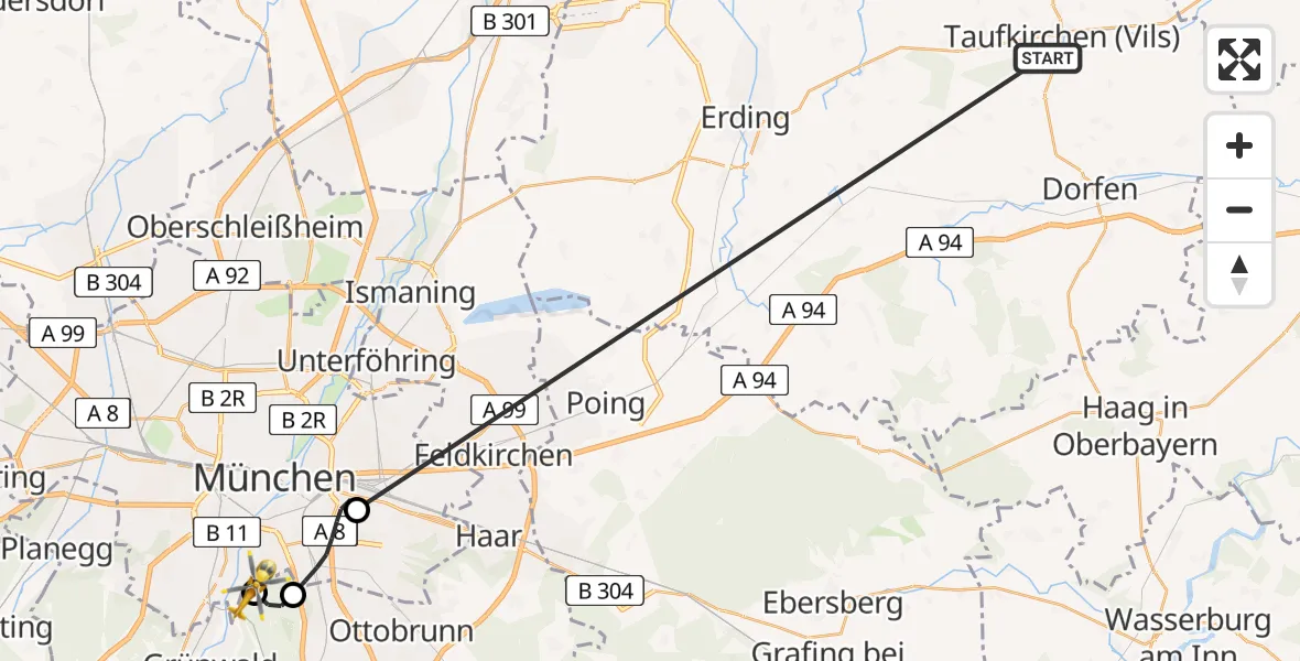 Flugroute Rettungshubschrauber Taufkirchen (Vils) - ADAC Air Rescue Center Hubschrauberlandeplatz (Christoph 1), 24 Juni 2026, 16:49