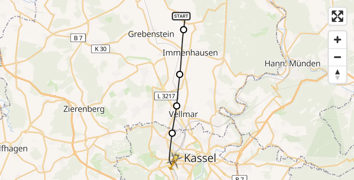 Flugroute Rettungshubschrauber Grebenstein - Kassel, 24 Juni 2026, 16:52