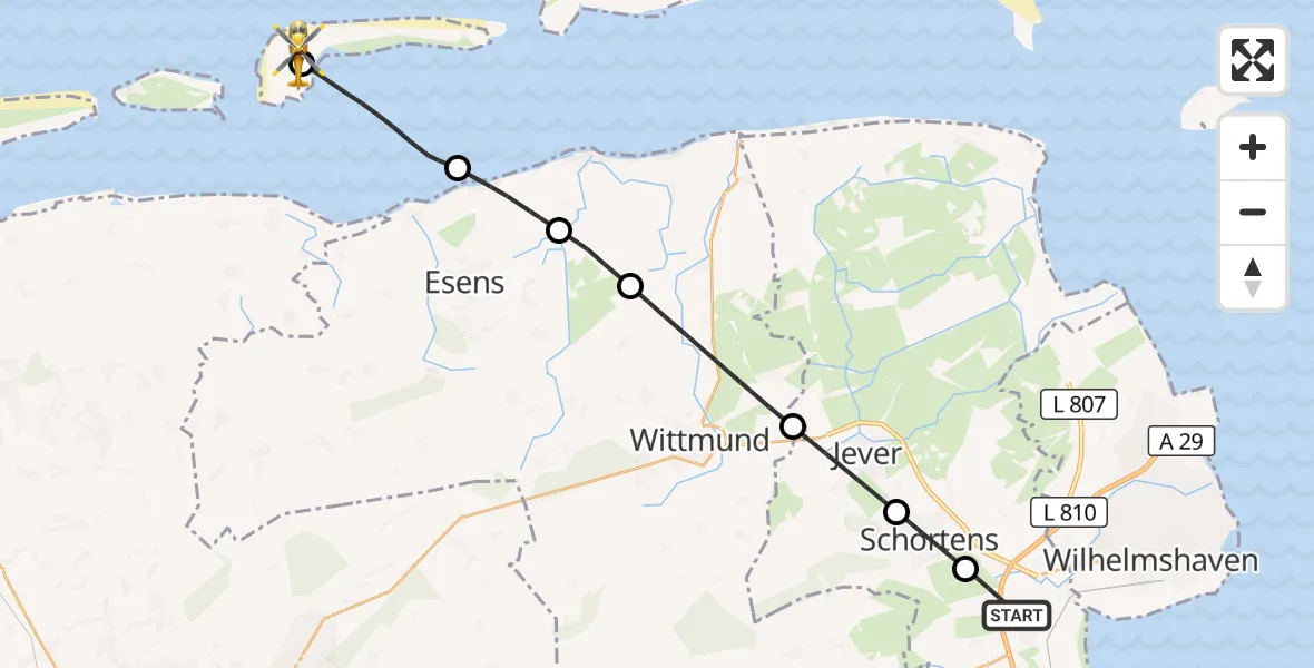 Flugroute Rettungshubschrauber Sande - Langeoog Flughafen, 24 Juni 2026, 16:55