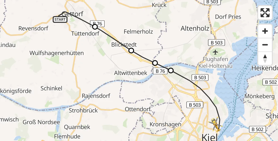 Flugroute Ambulanzhubschrauber Gettorf - Kiel, 24 Juni 2026, 16:57