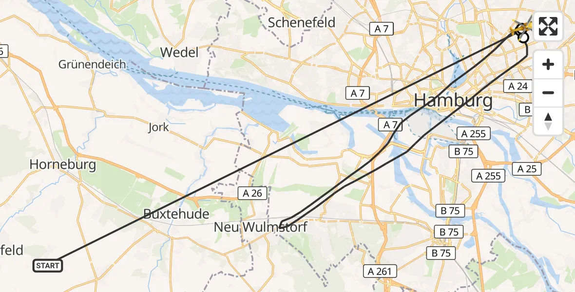 Flugroute Rettungshubschrauber Harsefeld - Hamburg Military Hospital, 24 Juni 2026, 17:04