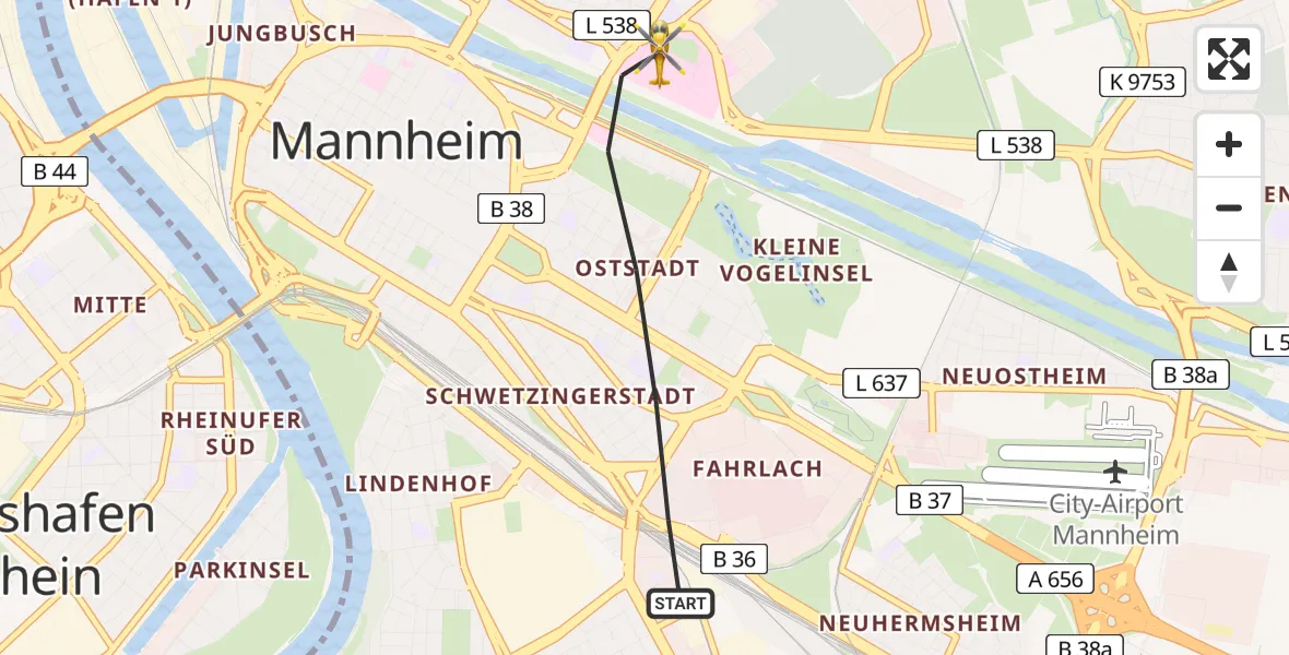 Flugroute Rettungshubschrauber Mannheim - Mannheim, 24 Juni 2026, 17:09