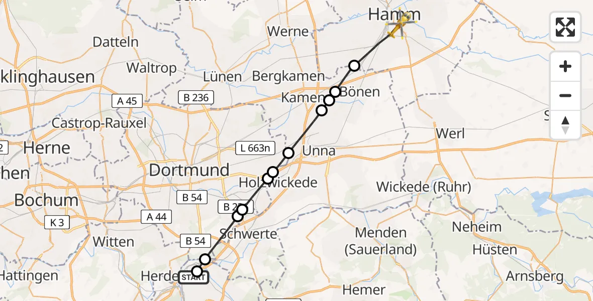 Flugroute Rettungshubschrauber Sankt-Johannes Catholic Hospital Hagen - Hamm, 24 Juni 2026, 17:11