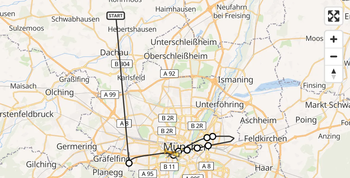 Flugroute Rettungshubschrauber Röhrmoos - München, 24 Juni 2026, 17:11