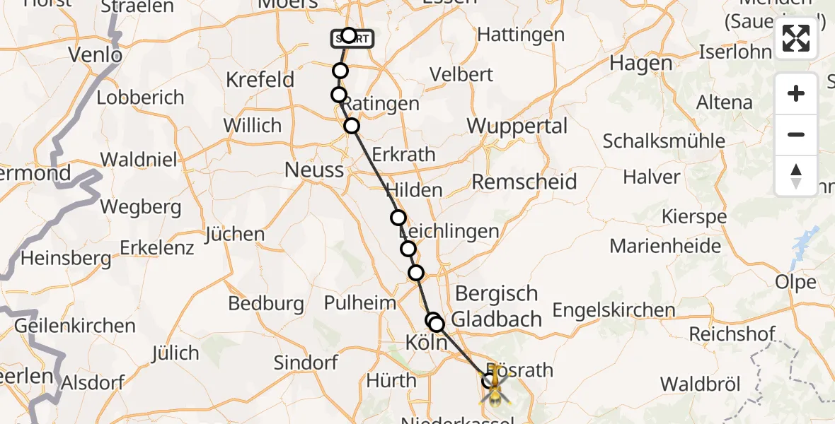 Flugroute Rettungshubschrauber Sana Clinic Duisburg Hubschrauberlandeplatz - Köln Bonn Flughafen, 24 Juni 2026, 17:11