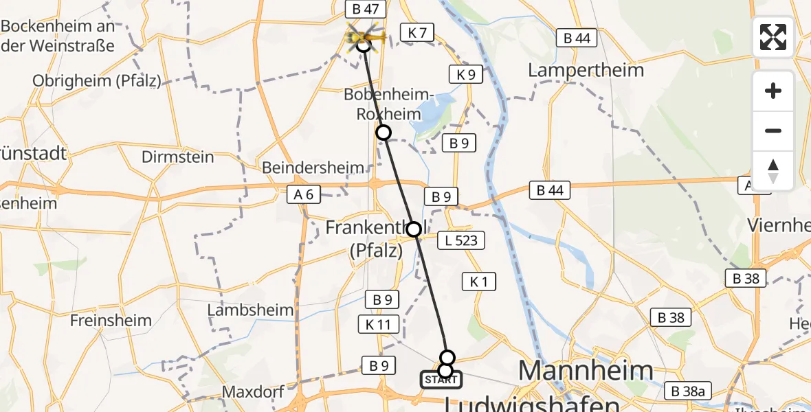 Flugroute Rettungshubschrauber Ludwigshafen Accident Hospital - Worms, 24 Juni 2026, 17:16