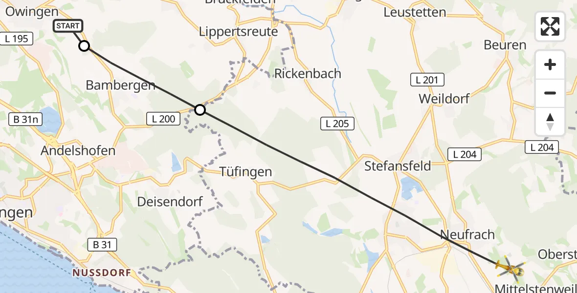 Flugroute Rettungshubschrauber Owingen - Salem, 24 Juni 2026, 17:20