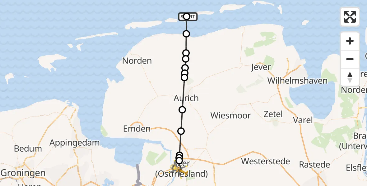Flugroute Rettungshubschrauber Langeoog Flughafen - Leer (Ostfriesland), 24 Juni 2026, 17:23