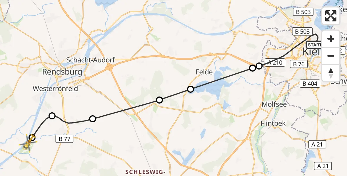 Flugroute Ambulanzhubschrauber Kiel - Rendsburg-Schachtholm Flugplatz, 24 Juni 2026, 17:24