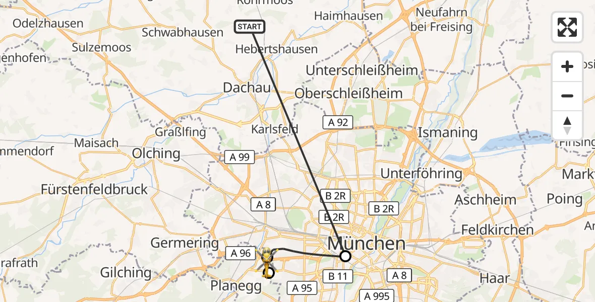 Flugroute Rettungshubschrauber Röhrmoos - Gräfelfing, 24 Juni 2026, 17:24
