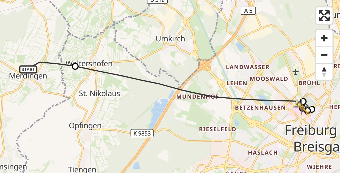 Flugroute Ambulanzhubschrauber Merdingen - Freiburg University Hospital Heliport 1, 24 Juni 2026, 17:28