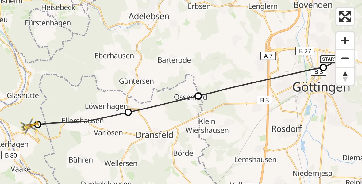 Flugroute Rettungshubschrauber Göttingen University Clinic Hubschrauberlandeplatz - Hann.Münden, 24 Juni 2026, 17:29