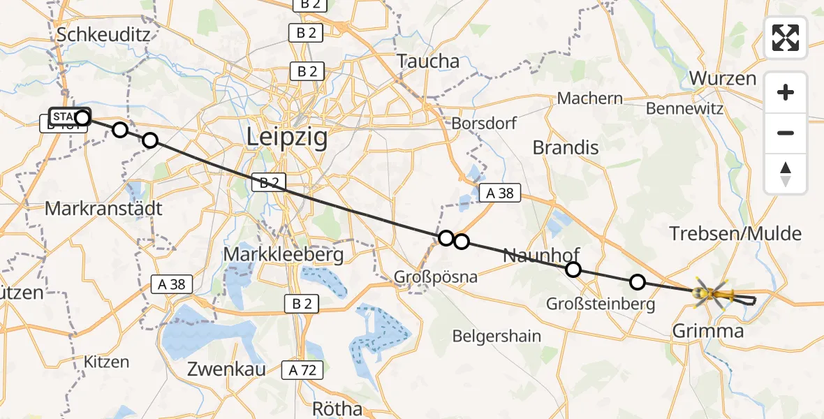 Flugroute Rettungshubschrauber ADAC Air Rescue Station Leipzig/Schkeuditz-Dölzig Hubschrauberlandeplatz (Christoph 61) - Grimma, 24 Juni 2026, 17:31