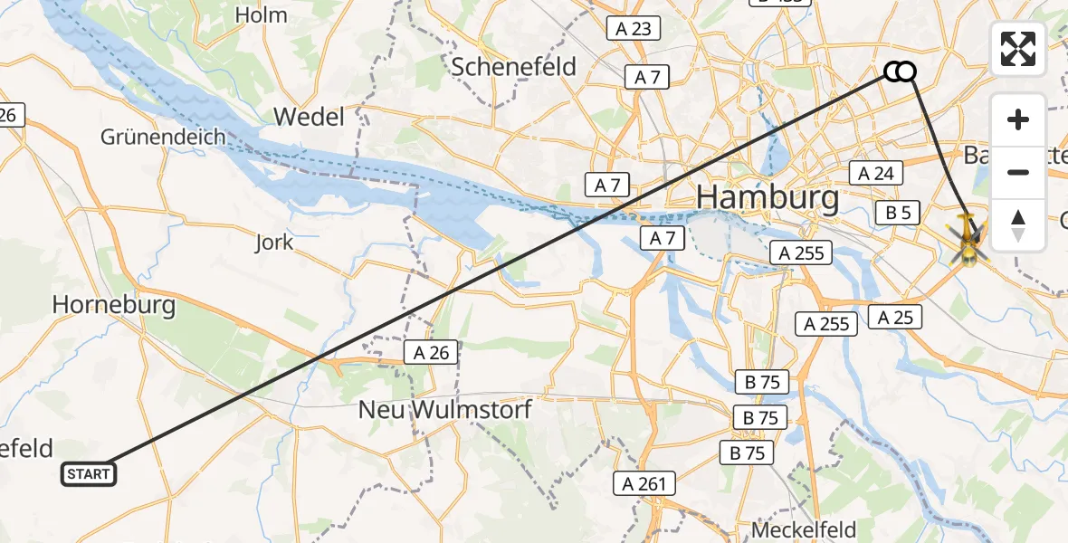 Flugroute Rettungshubschrauber Harsefeld - Hamburg, 24 Juni 2026, 17:34