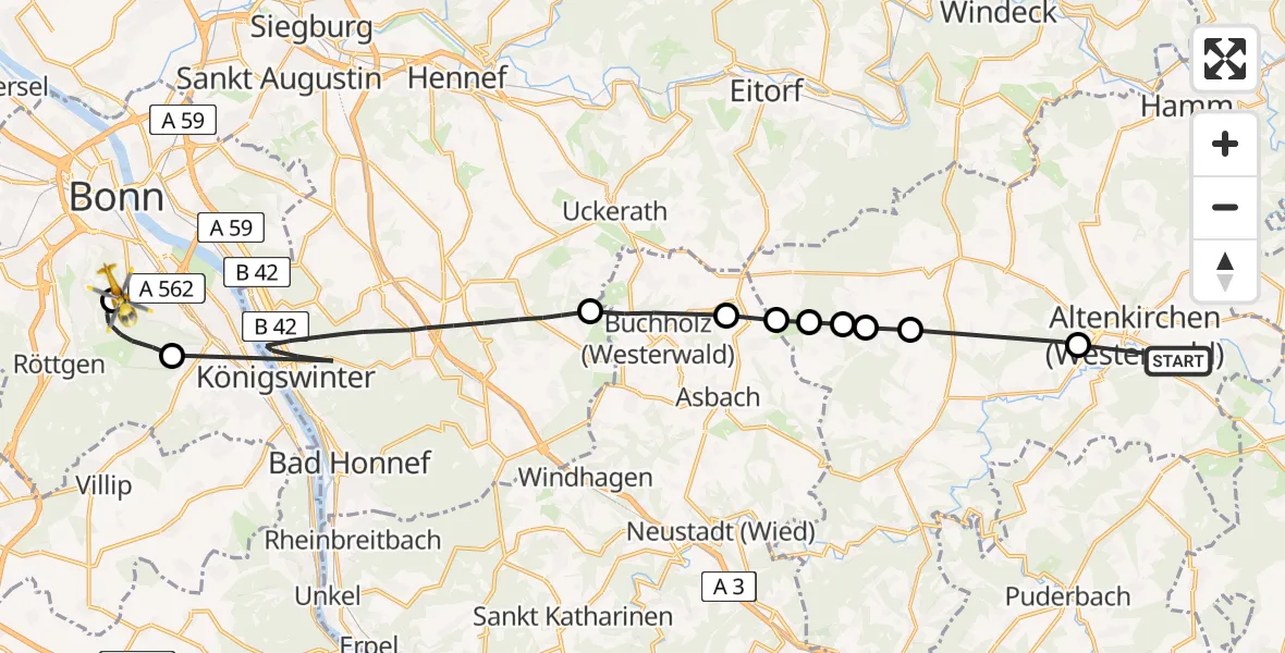 Flugroute Ambulanzhubschrauber Michelbach (Westerwald) - Bonn University Hospital, 24 Juni 2026, 17:40