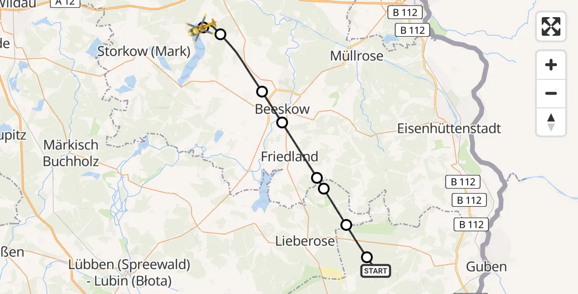 Flugroute Rettungshubschrauber Tauer - Bad Saarow Hospital Hubschrauberlandeplatz, 24 Juni 2026, 17:42