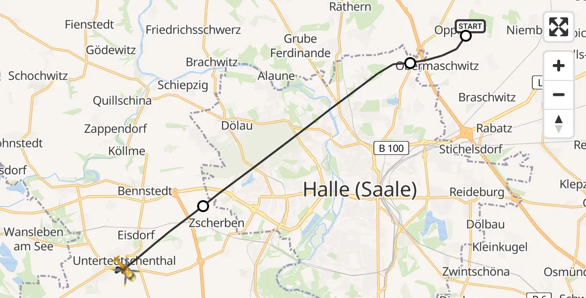 Flugroute Rettungshubschrauber Halle-Oppin Flugplatz - Teutschenthal, 24 Juni 2026, 17:47