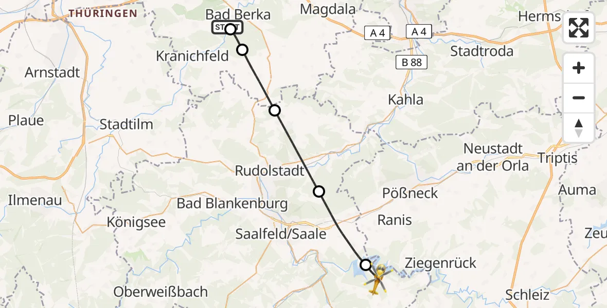 Flugroute Ambulanzhubschrauber Bad Berka Central Hospital - Drognitz, 24 Juni 2026, 17:47