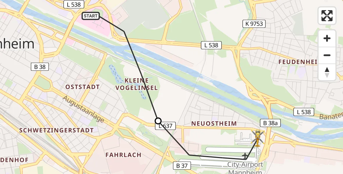 Flugroute Rettungshubschrauber Mannheim - Mannheim-City Flughafen, 24 Juni 2026, 17:48